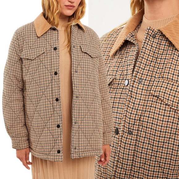 Zara Plaid Quilted Corduroy Collar Tan Cream Black Button Down Jacket Shacket - Picture 14 of 14